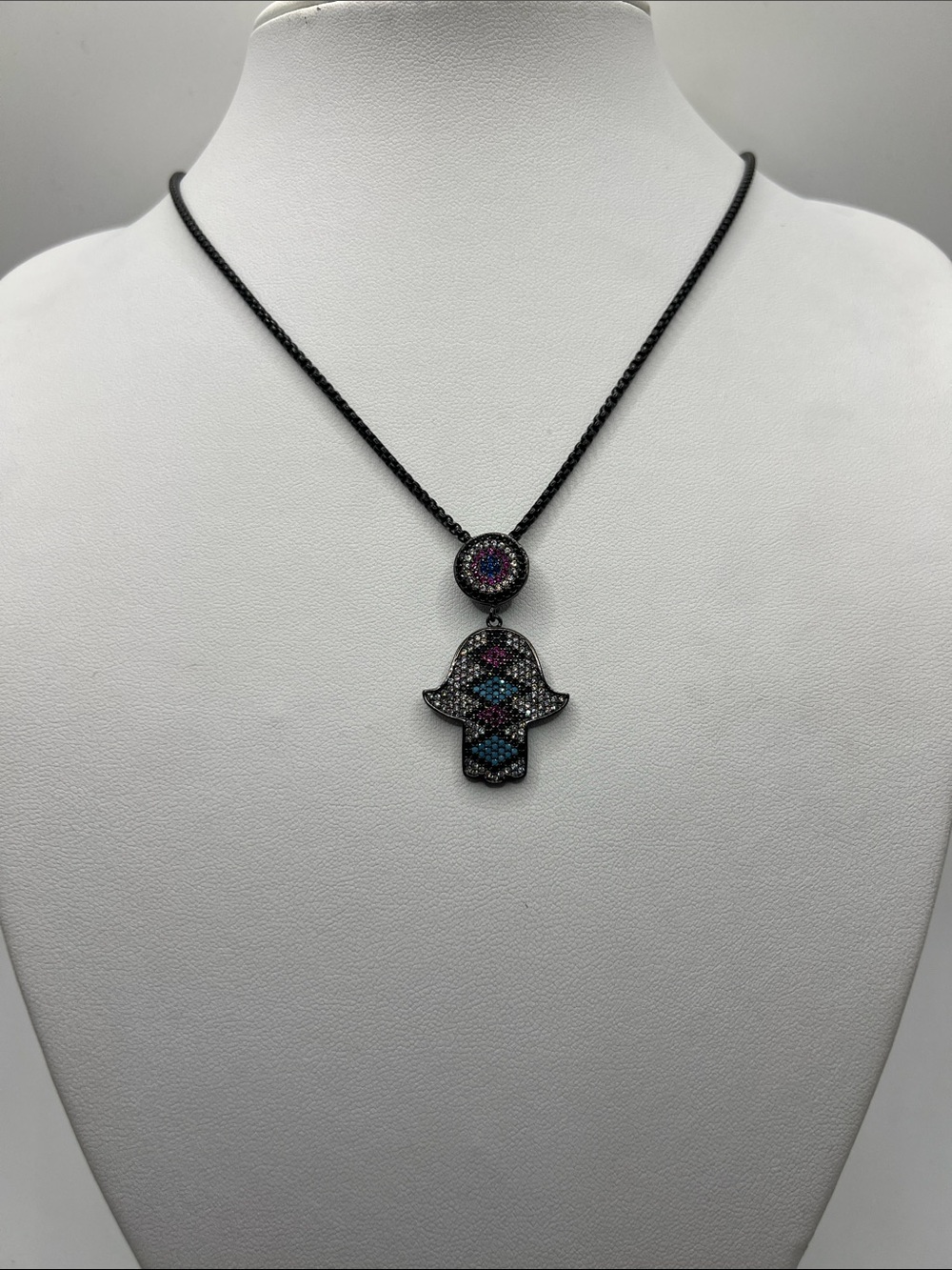697. Black Hamsa Pendant Necklace with Multicolor Crystals.  18”